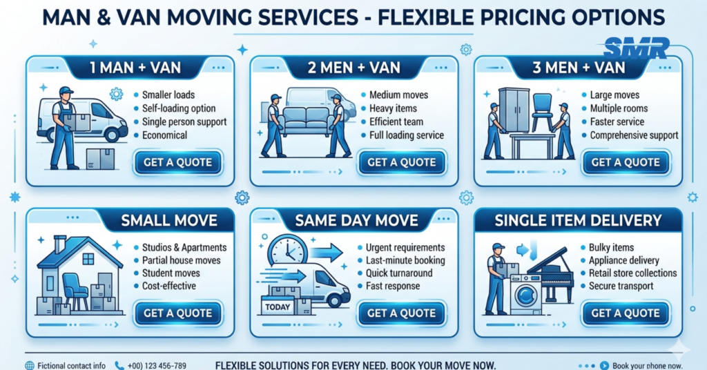 Blue and white infographic showing man and van Southgate prices and hourly rate options without figures
