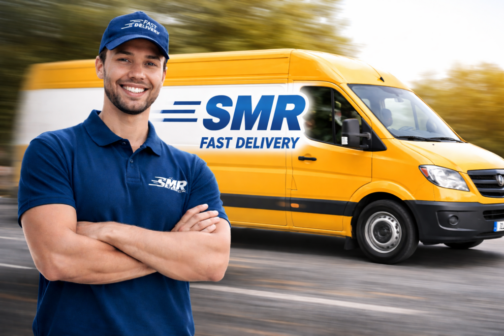 SMR fast delivery man with van in Neasden, wearing uniform with branded logo