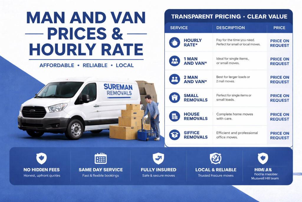 Man and van Muswell Hill pricing and hourly rate infographic with services breakdown