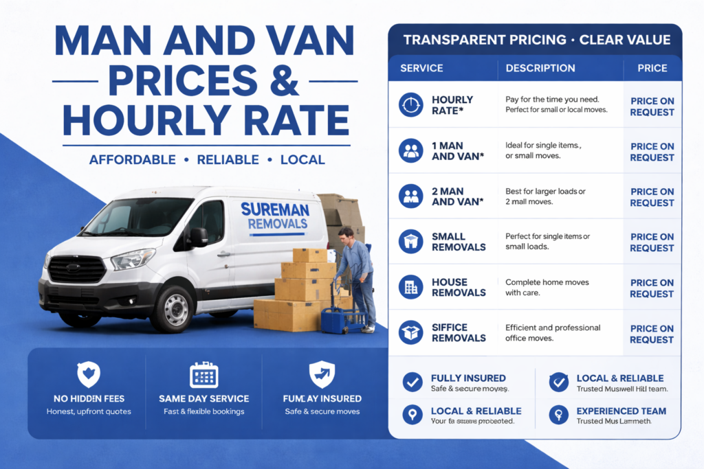 man and van Greenwich cheapest pricing infographic showing service options and benefits