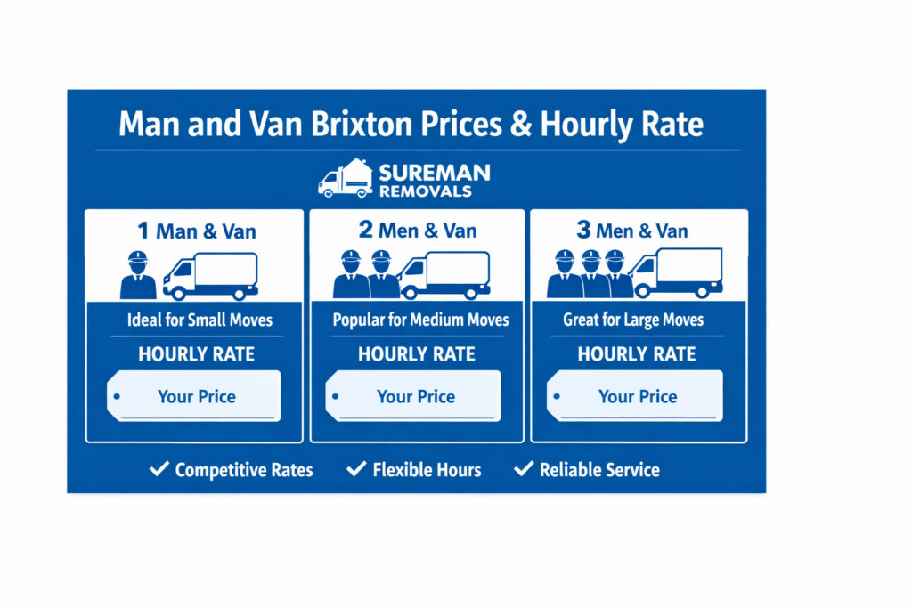 Blue and white man and van Brixton prices and hourly rate infographic by Sureman Removals