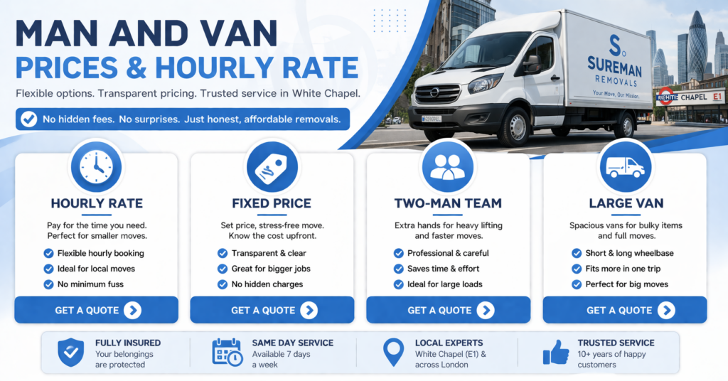 man and van White Chapel prices hourly rate affordable removals London