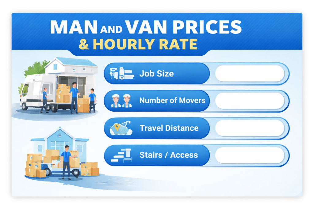 Man and van Harrow prices infographic showing service options and hourly rate factors