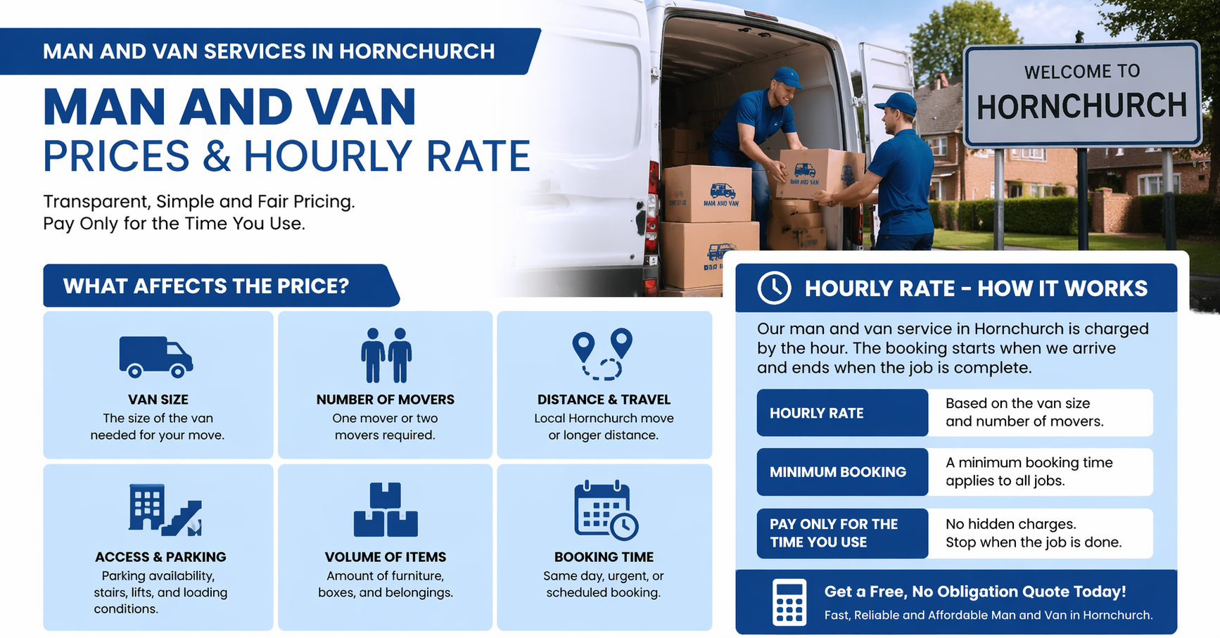 Affordable man and van prices and hourly rate in Hornchurch, showing factors affecting pricing and how the service works.