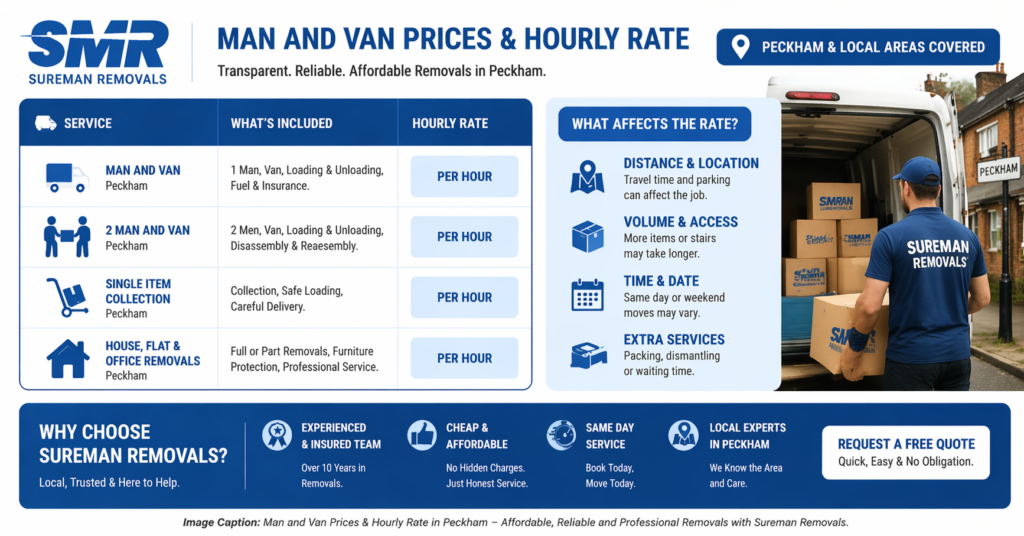 "Affordable, transparent man and van prices and hourly rates in Peckham by Sureman Removals"