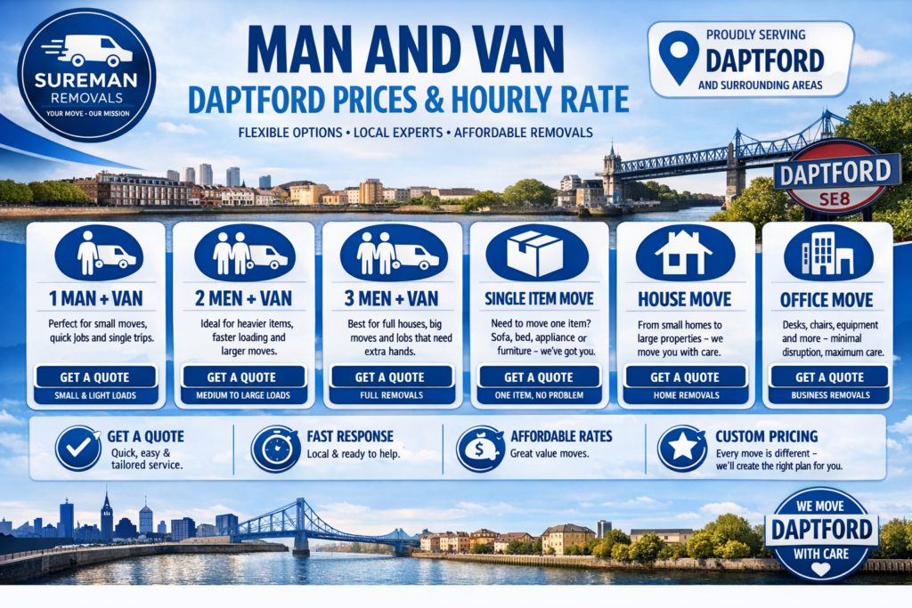 Infographic showing man and van Daptford prices and hourly rate options for house moves, office moves and single-item removals
