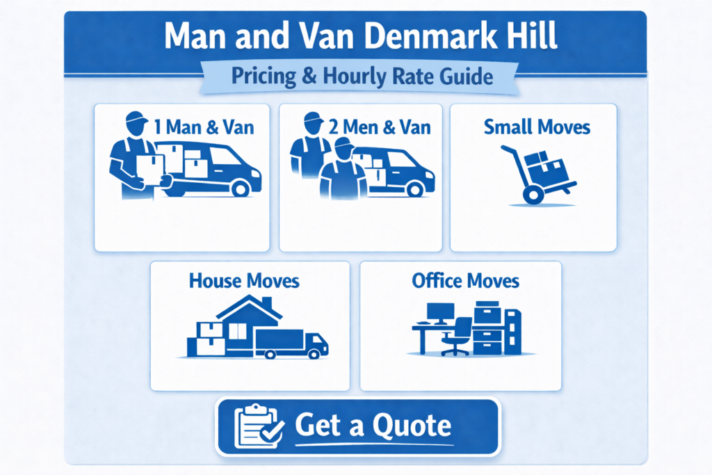 Blue and white man and van Denmark Hill prices and hourly rate infographic