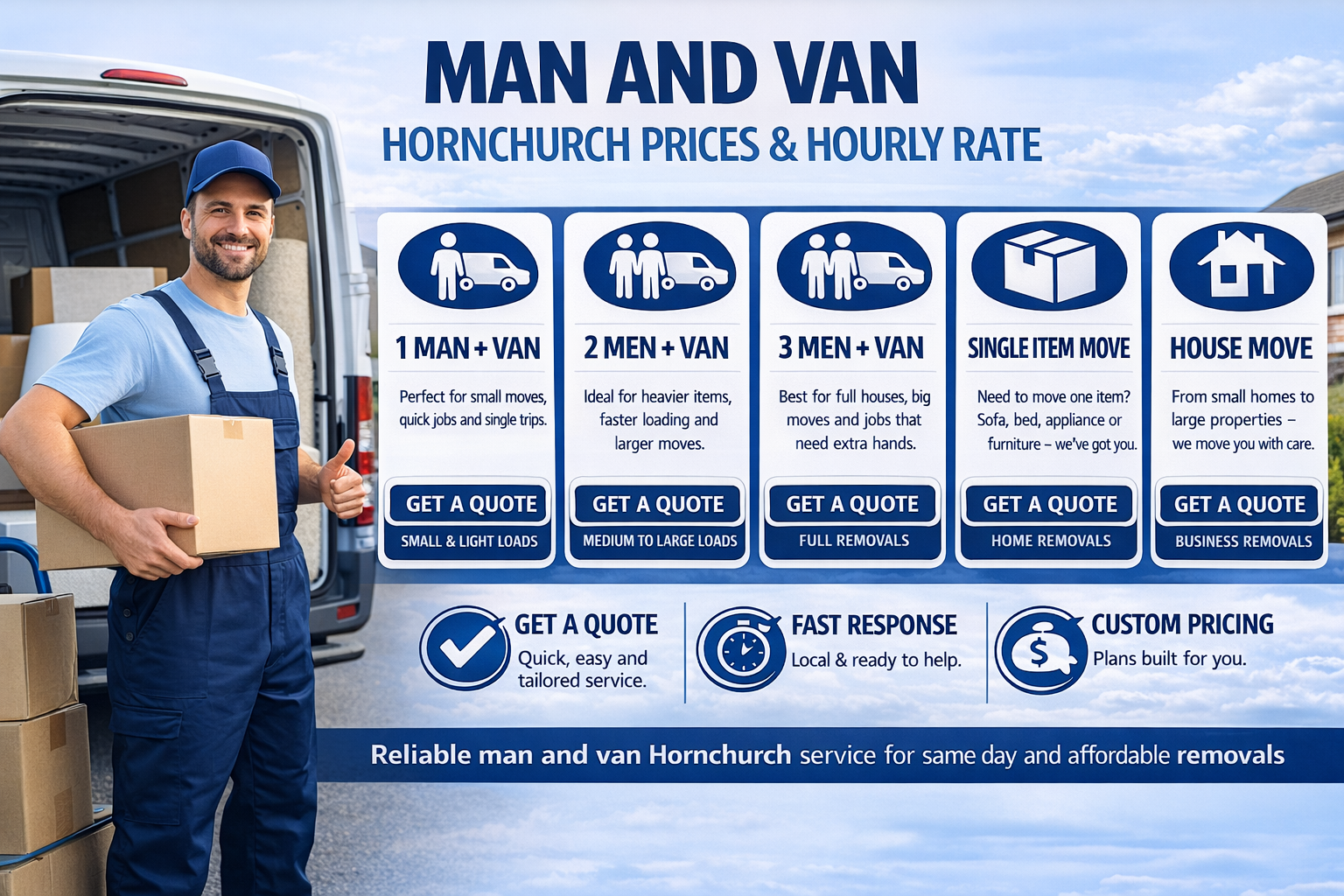 Blue and white infographic showing man and van Hornchurch prices and hourly rate options
