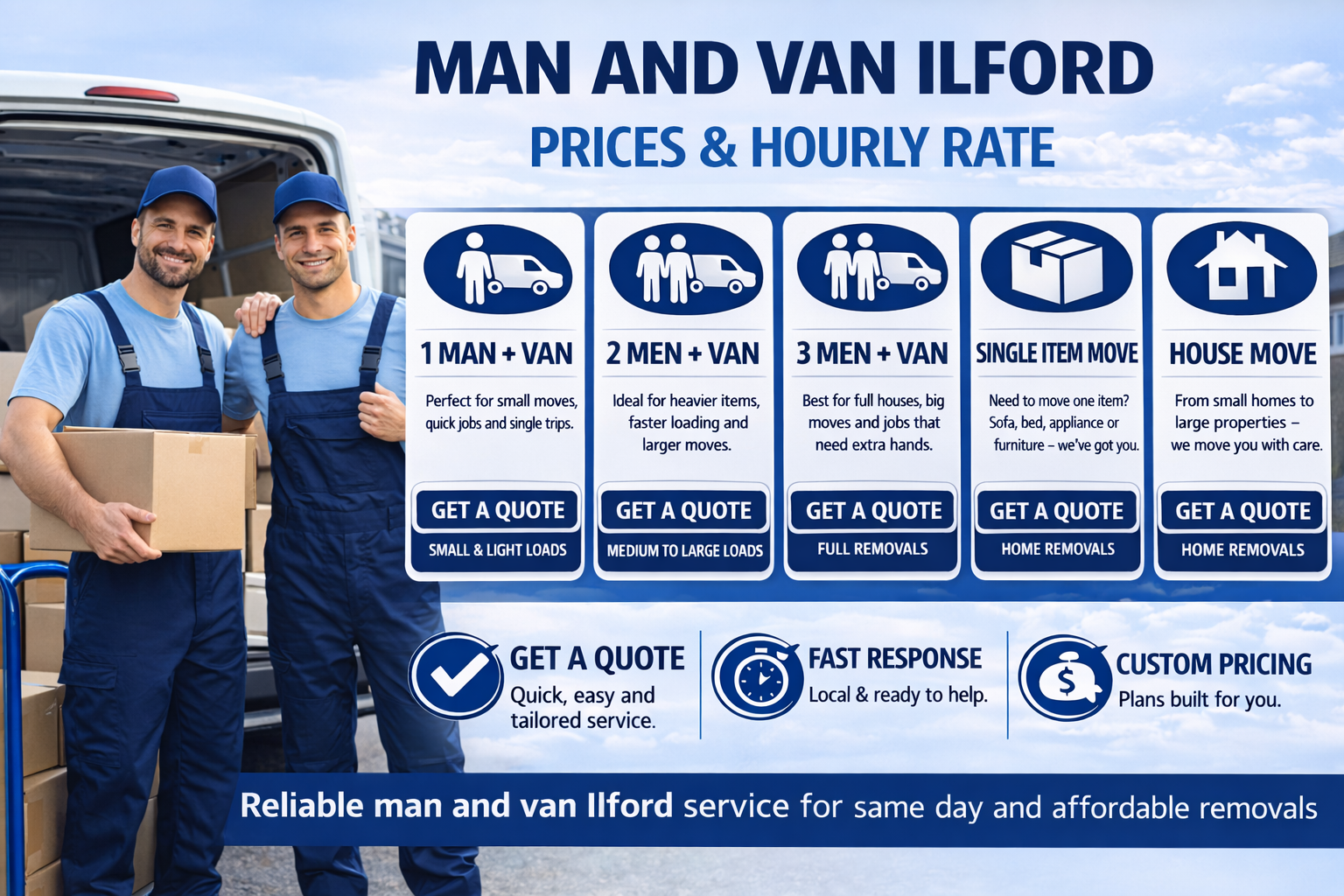 Blue and white infographic showing man and van Ilford prices and hourly rate options