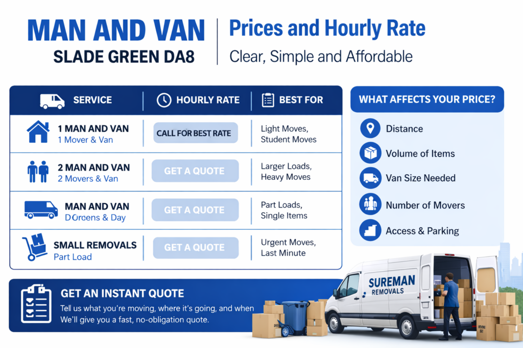 Man and van Slade Green DA8 prices and hourly rate infographic