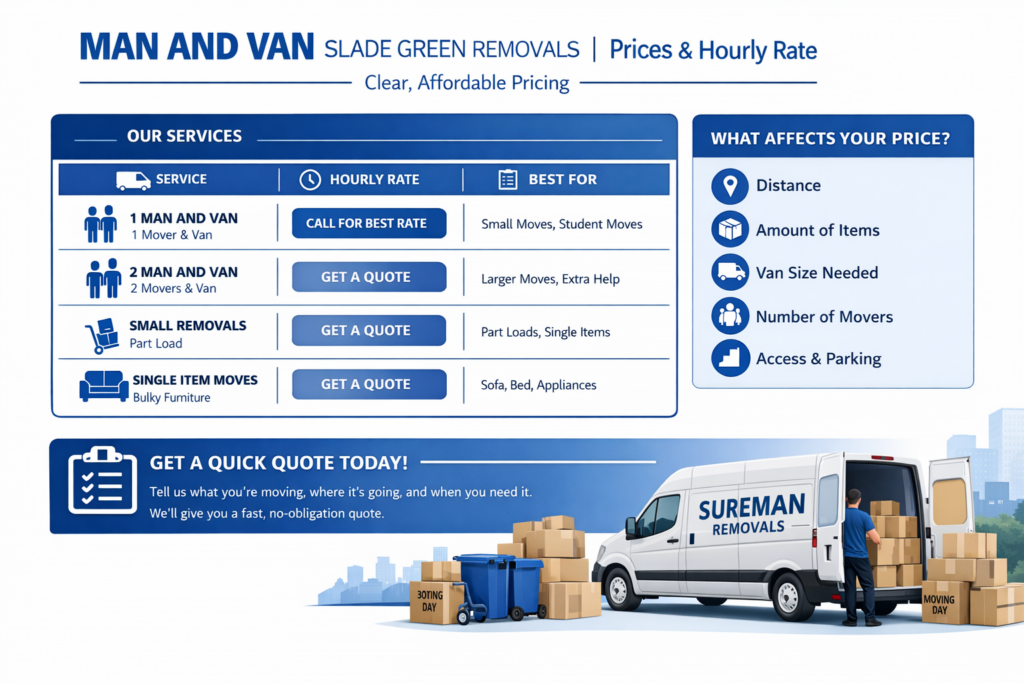 Man and van Slade Green removals prices and hourly rate infographic