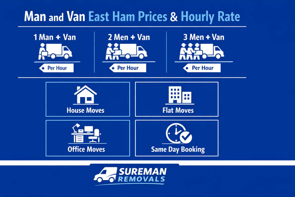 Man and Van East Ham prices and hourly rate infographic by Sureman Removals