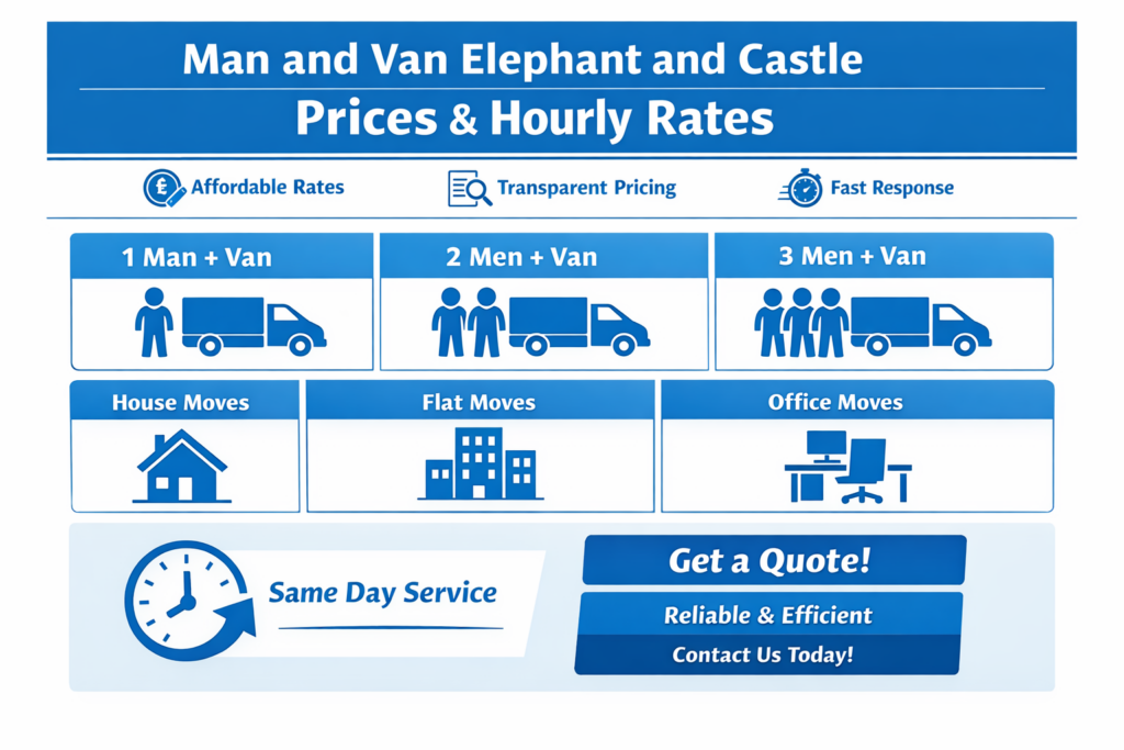 Man and van Elephant and Castle prices and hourly rate infographic by Sureman Removals
