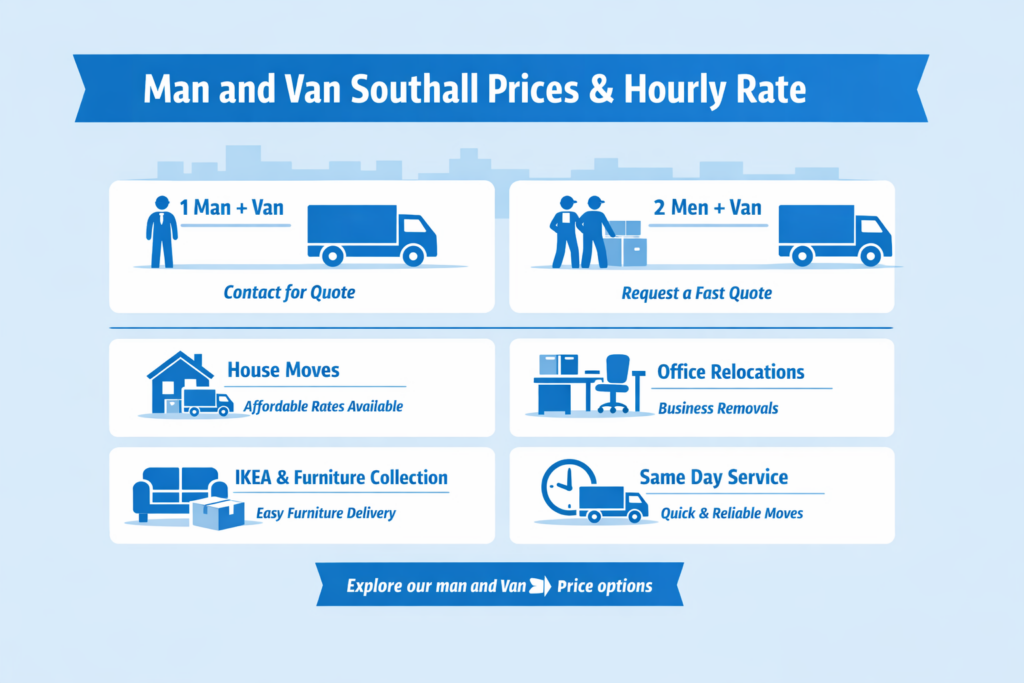 Man and van Southall prices and hourly rate infographic with affordable moving services