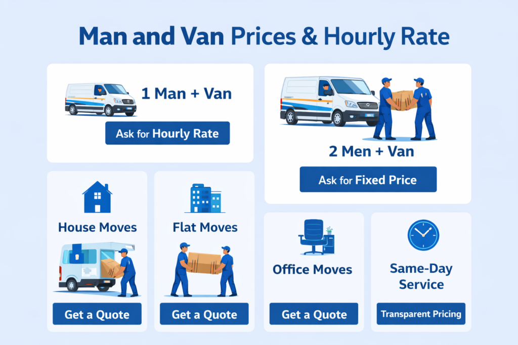 Southgate man and van pricing infographic for removals and hourly rate service