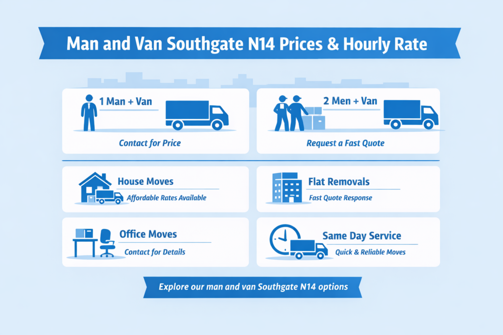 Man and van Southgate N14 prices and hourly rate infographic for affordable removals