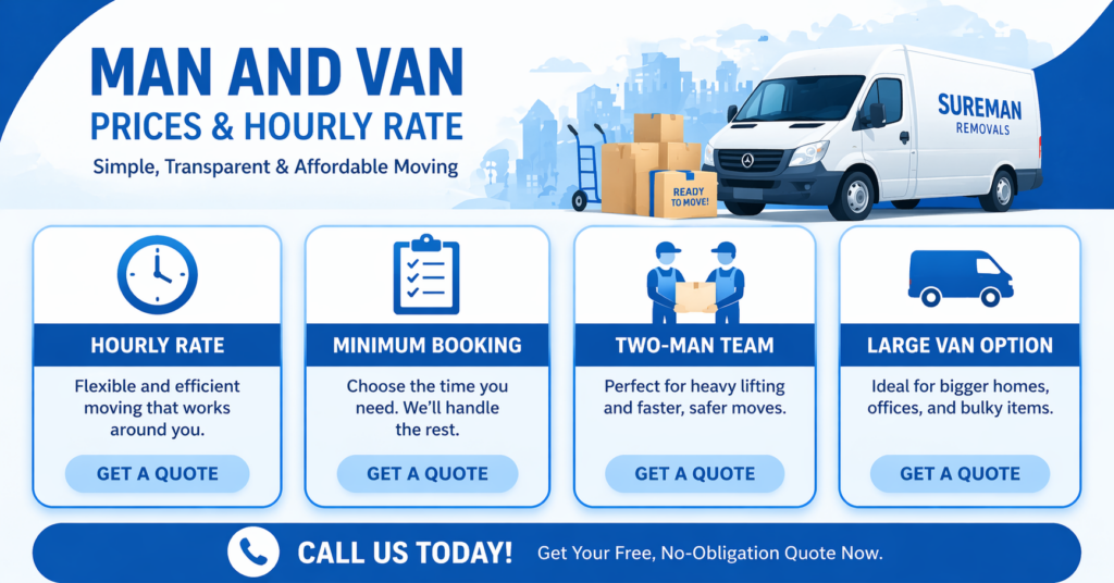 Man and Van Kensal Green cheap prices and hourly rate infographic with quote options