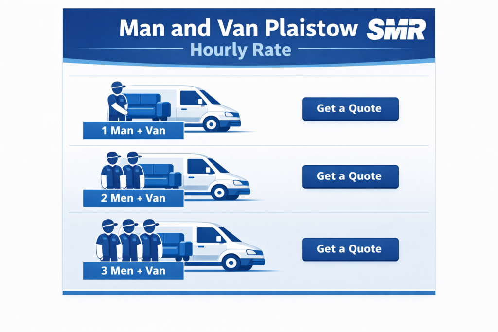 man and van Plaistow hourly rate infographic get a quote options E13