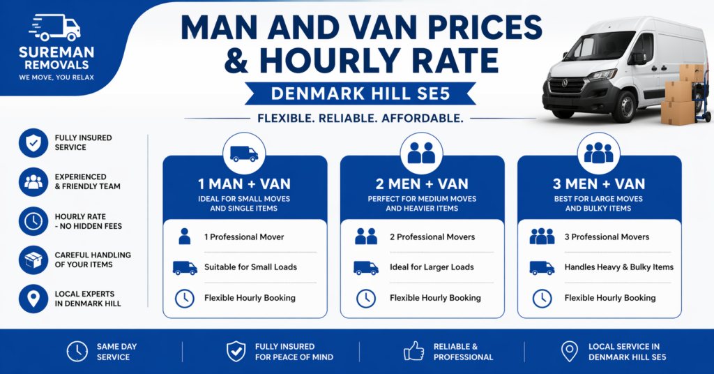 man and van Denmark Hill hourly rate pricing infographic SE5