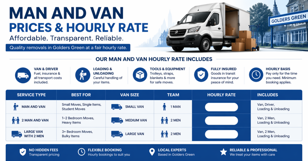 Man and Van Prices & Hourly Rates infographic for Golders Green removals services