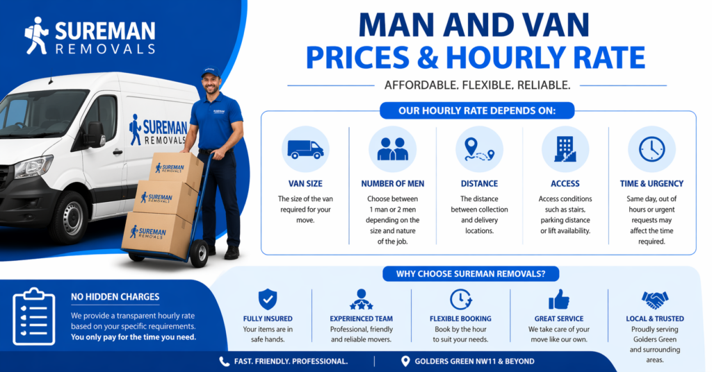 Man and Van Golders Green hourly rate infographic with pricing factors and service benefits