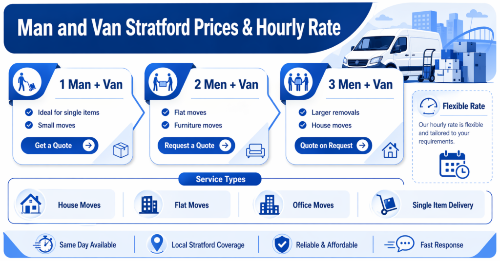 Man and Van Stratford prices and hourly rate infographic with no figures