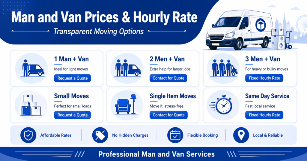 Man and van Homerton prices and hourly rate infographic with quote options