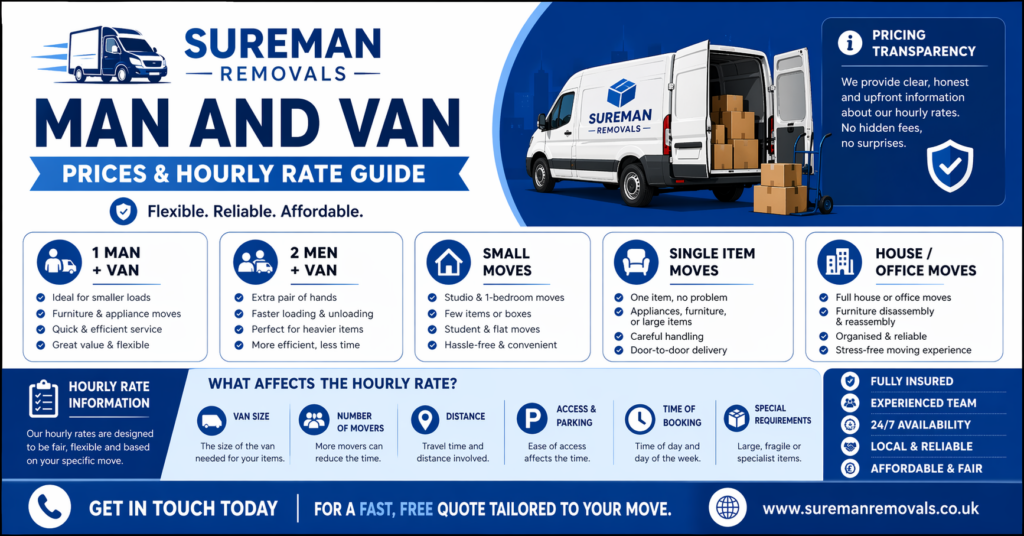 Man and Van Homerton prices infographic showing hourly rate quote options