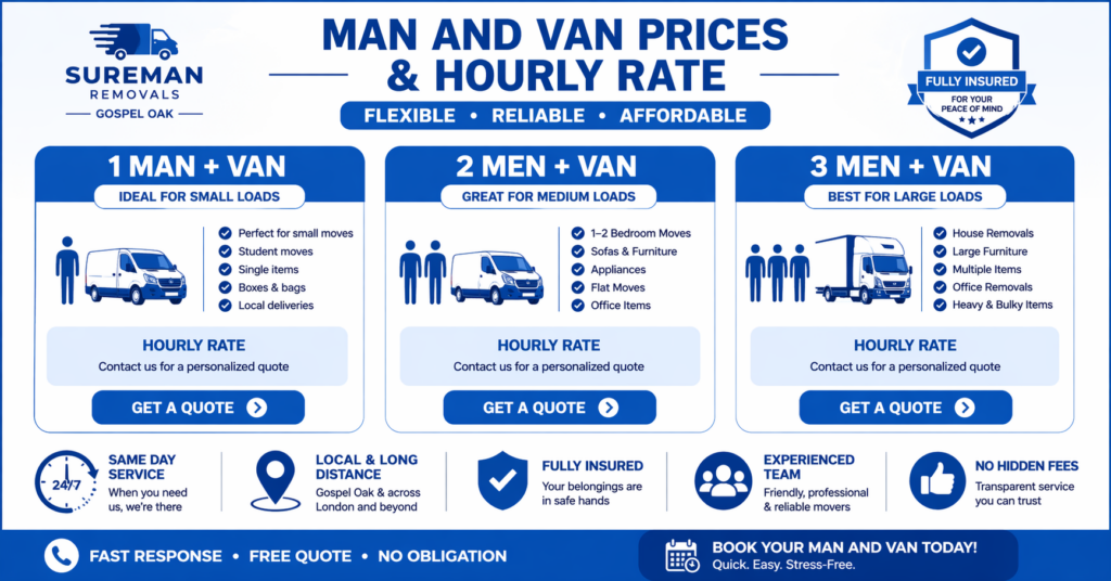 Man and Van Gospel Oak prices and hourly rate infographic with Get a Quote options