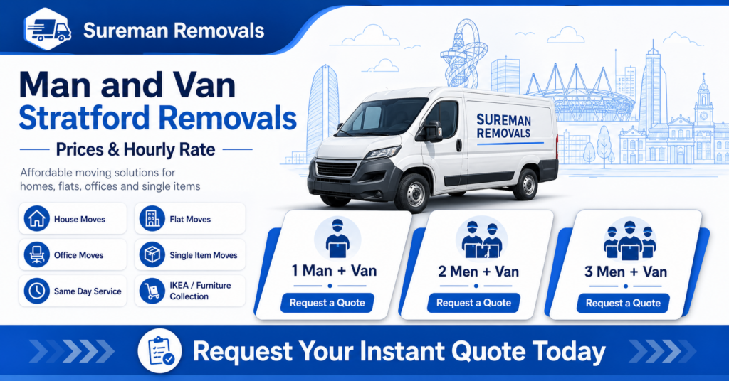 Man and Van Stratford Removals prices and hourly rate infographic with quote options