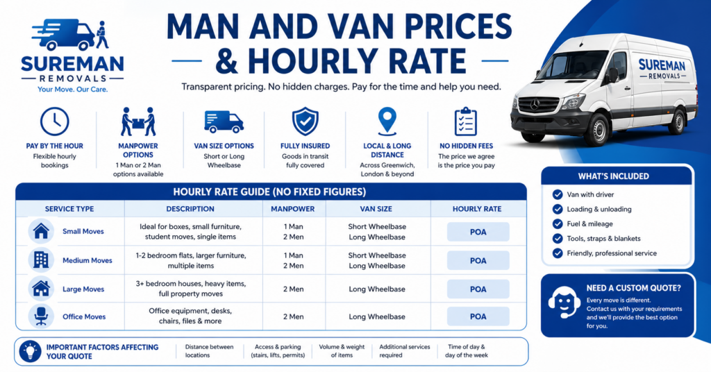Man and Van Greenwich prices and hourly rate infographic with quote-based pricing options