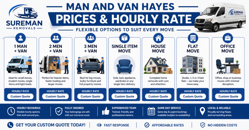 Man and Van Hayes prices and hourly rate infographic with custom quote options