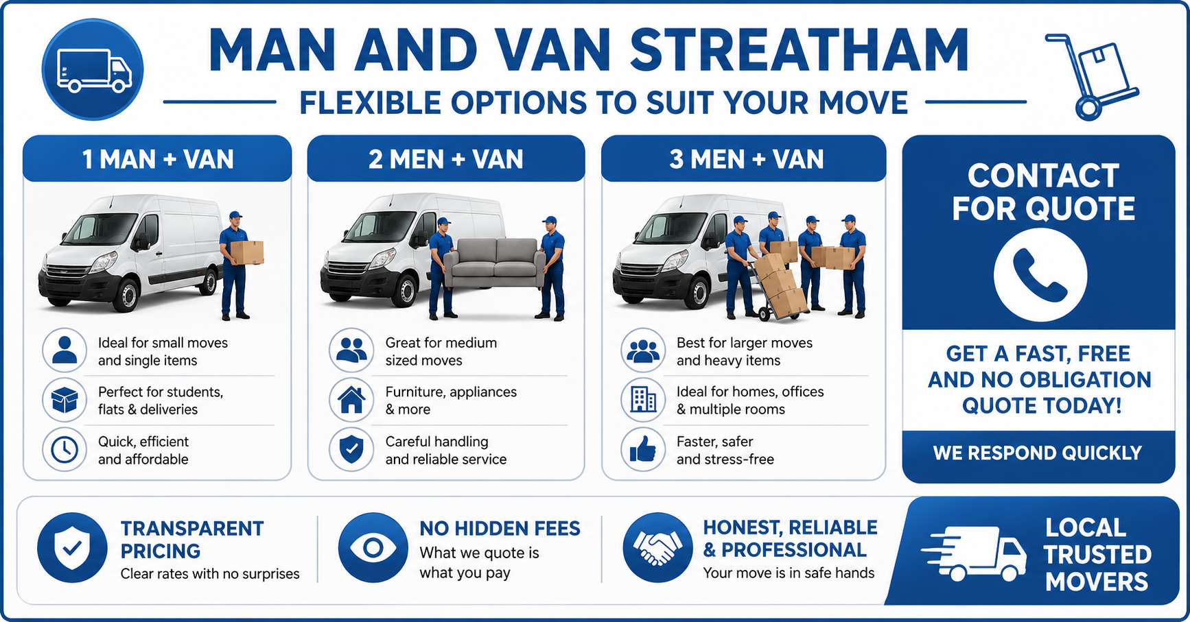 Man and van Thamesmead prices infographic showing transparent pricing and hourly rate options