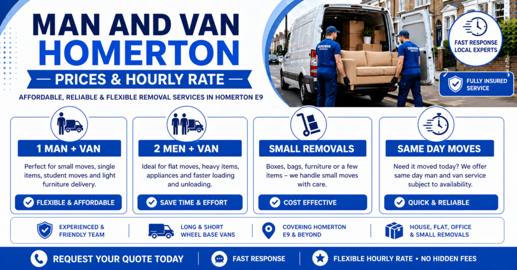 Man and van Homerton prices and hourly rate infographic with quote options