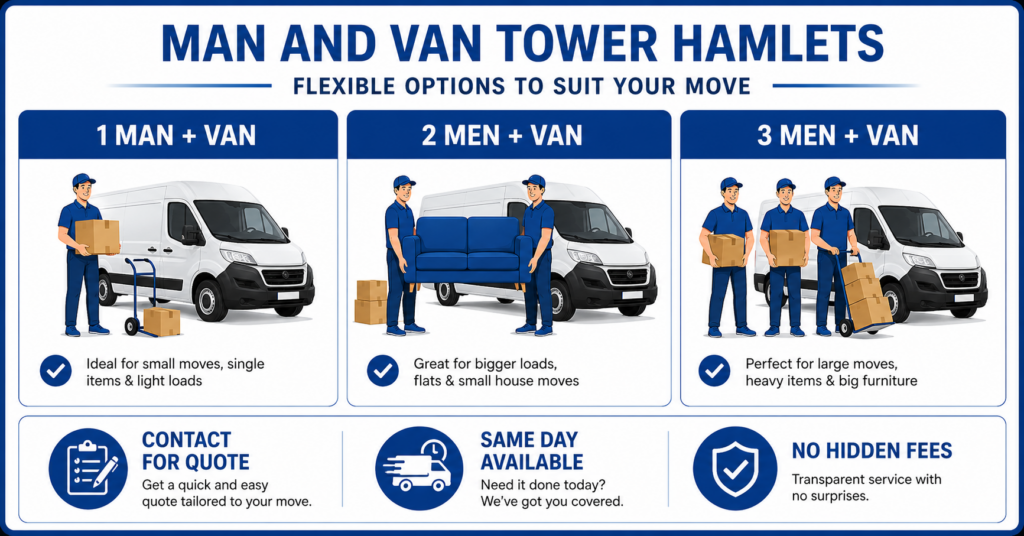 Man and Van Tower Hamlets prices and hourly rate infographic no hidden fees