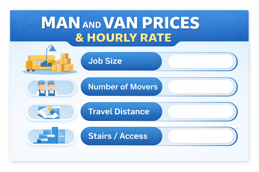 Infographic showing factors affecting man and van Chiswick prices and hourly rate