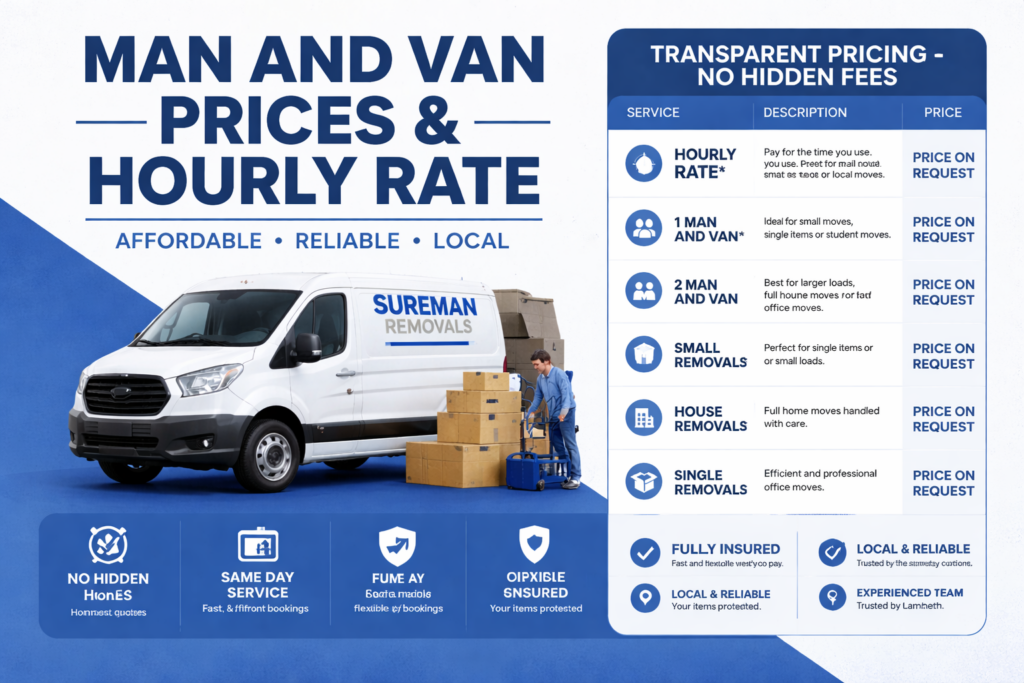 Man and van pricing comparison with hourly rates for 1 man & van and 2 men & van services. Highlighting no hidden fees, flexible hours, and fully insured service.