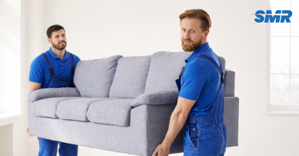 Two movers delivering a sofa in Collier Row for Sureman Removals