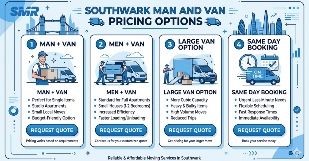 Man and Van Southwark prices and hourly rate infographic with no fixed price shown