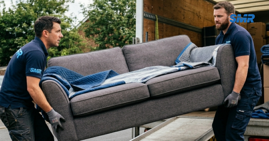 house removals Northolt movers carrying sofa into van safely and efficiently