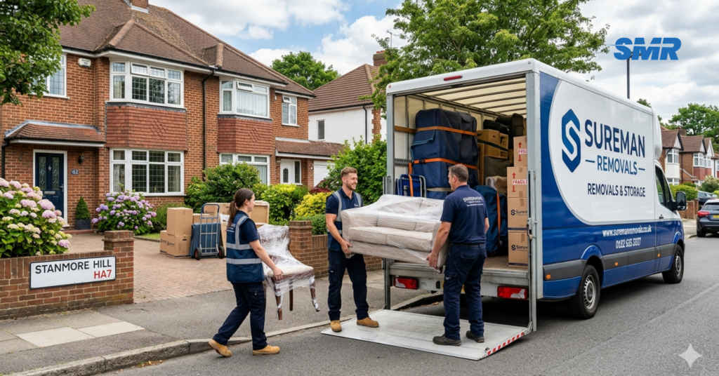 Man and Van Stanmore team loading furniture into removal van outside house in Stanmore HA7