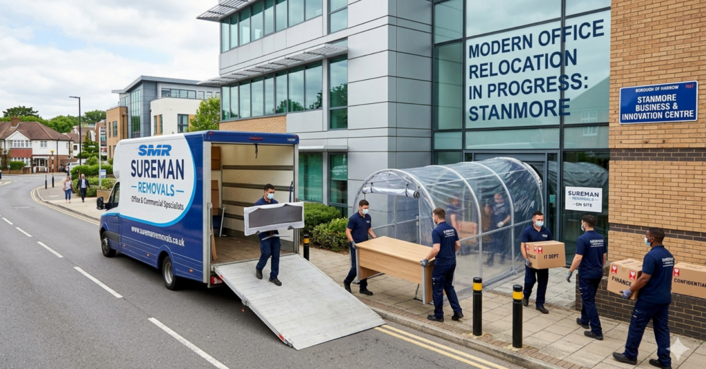 Office removals Stanmore movers carrying office furniture and equipment into van