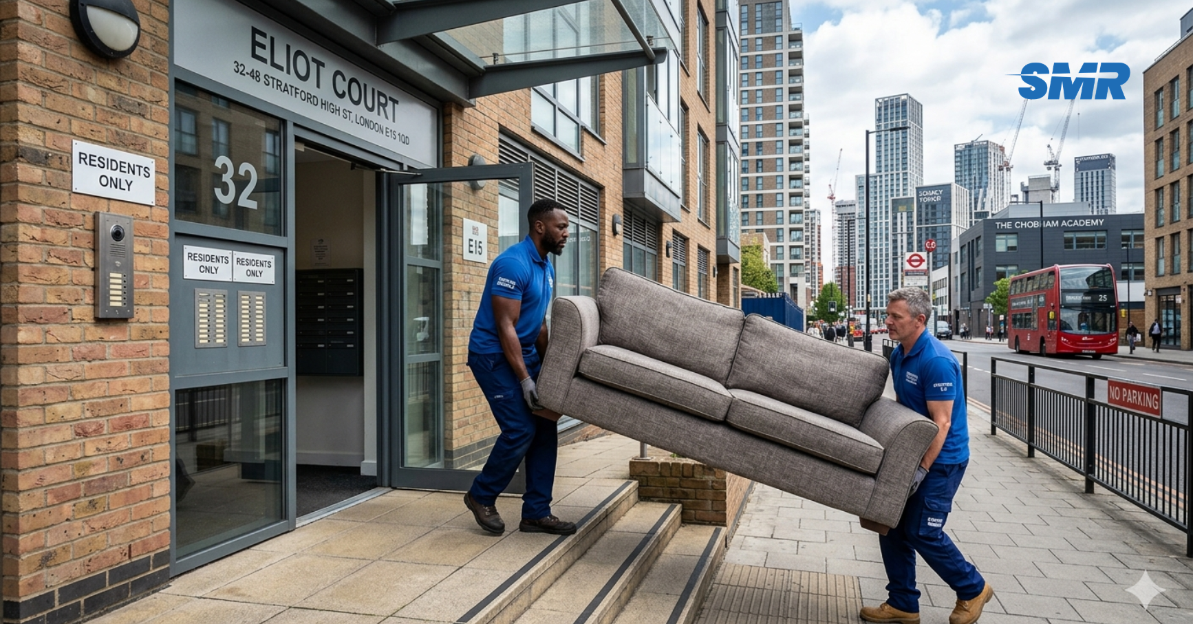 Flat removals Stratford movers carrying sofa into apartment building