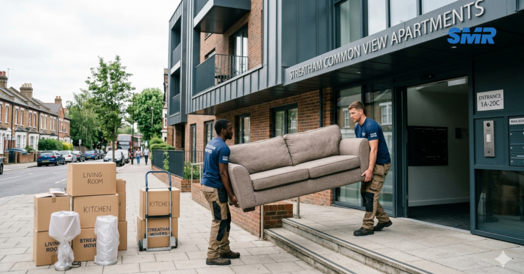 House removals Streatham team carrying sofa into flat building
