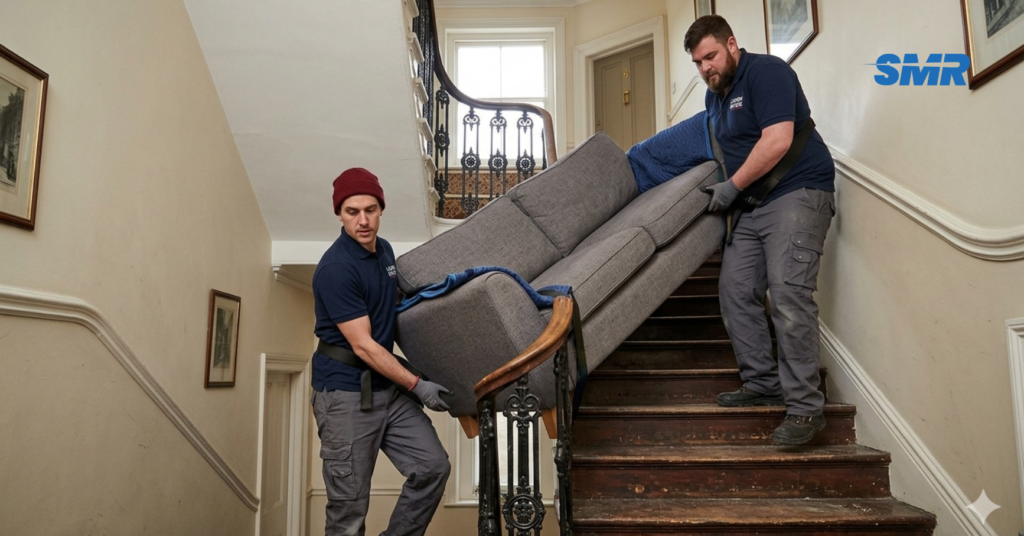 Flat removals Swiss Cottage movers carrying sofa from apartment building