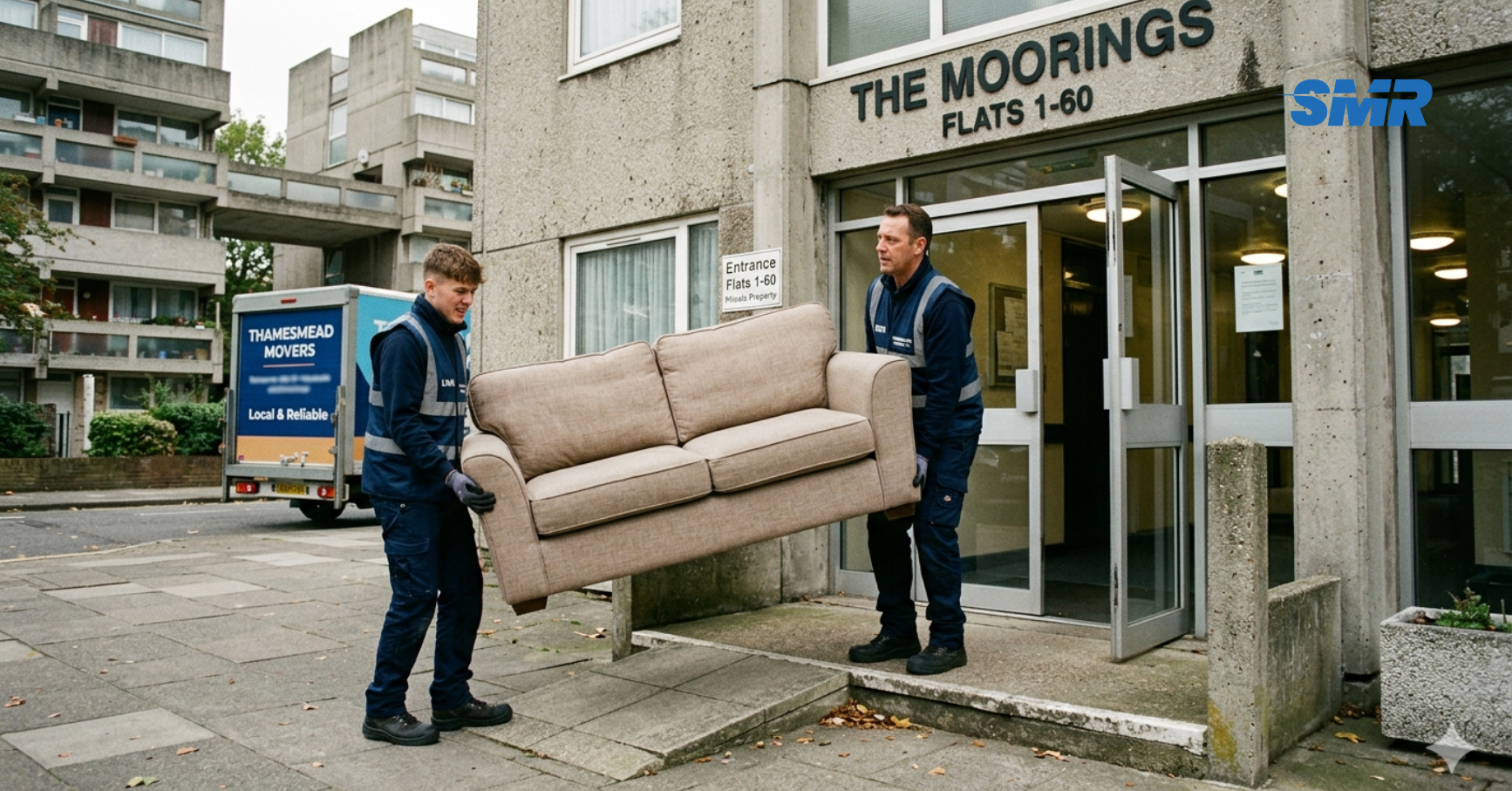Two movers carrying sofa during flat removals Thamesmead SE28 move
