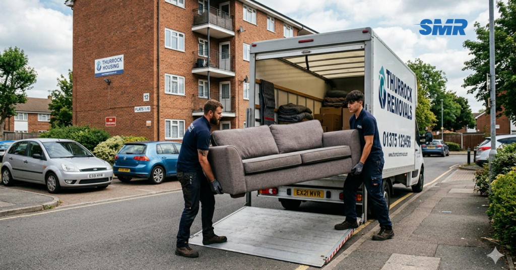 Flat removals Thurrock movers carrying sofa into van for single item delivery
