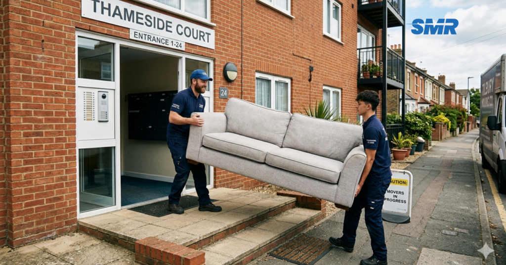 Flat removals Tilbury movers carrying sofa into apartment building