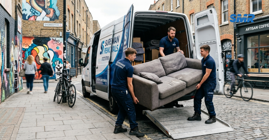 Sureman Removals team helping with house removals in Shoreditch, lifting a couch into a van