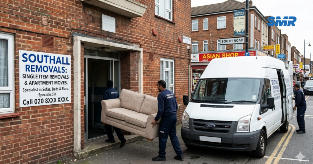 Mover carrying sofa into apartment building for flat removals Southall service